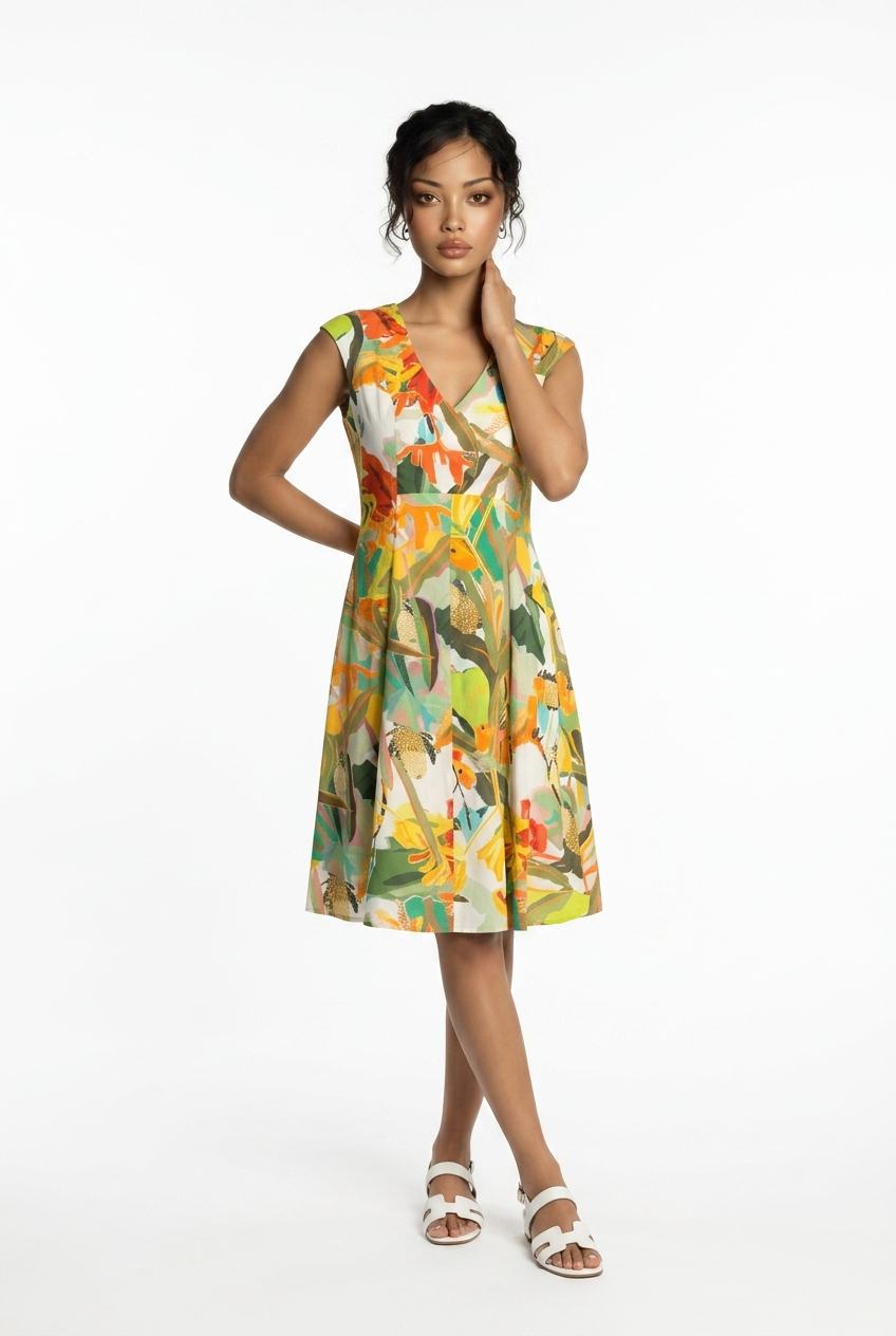 Elegantes rotes Fox Kleid UNGANA von Boutique Pepita, mit feinen Details und bequemem Schnitt, auf einem weißen Hintergrund.