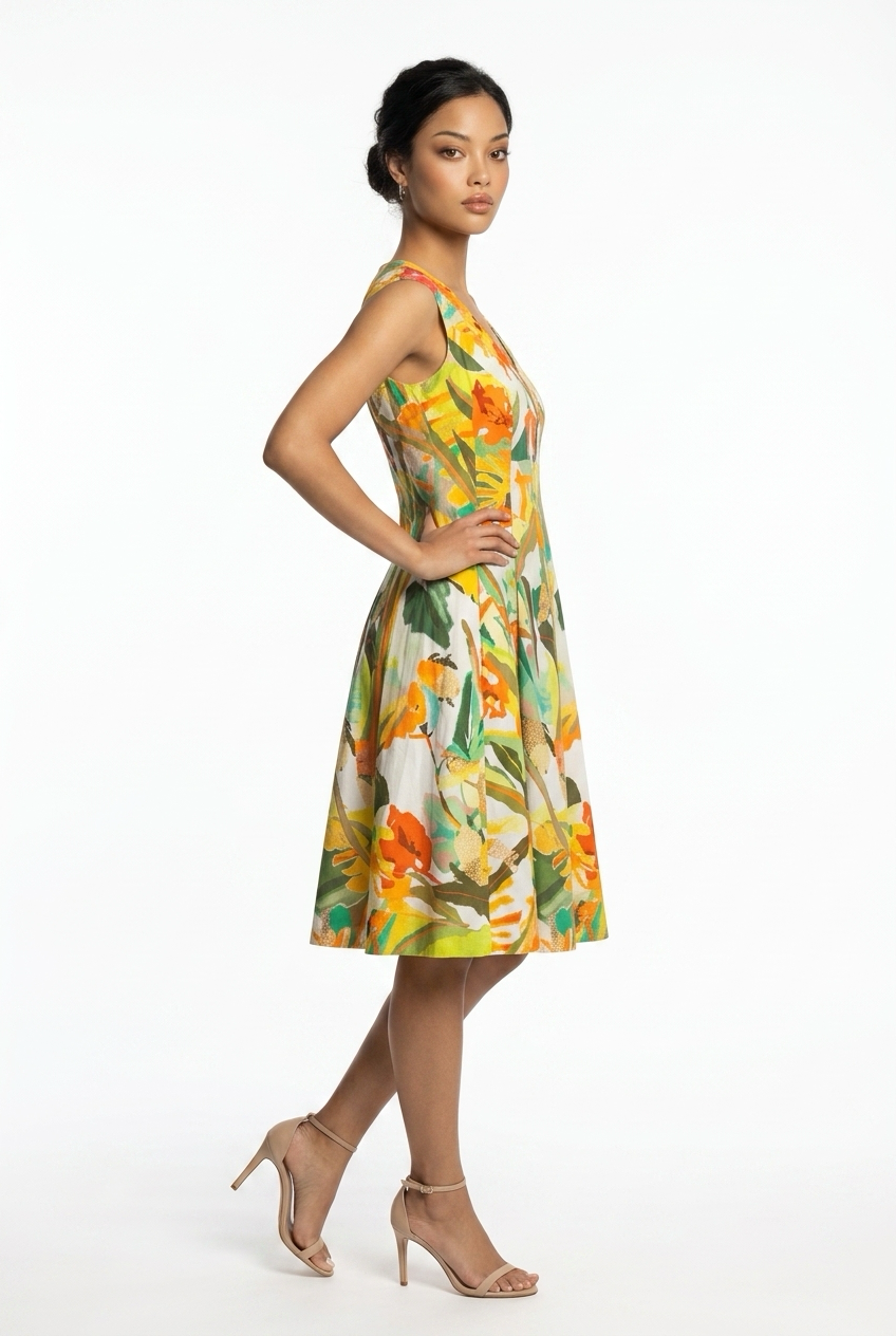Elegantes grünes Fox Kleid UNGANA von Boutique Pepita mit floralem Muster, perfekt für Sommer- und Festtage.