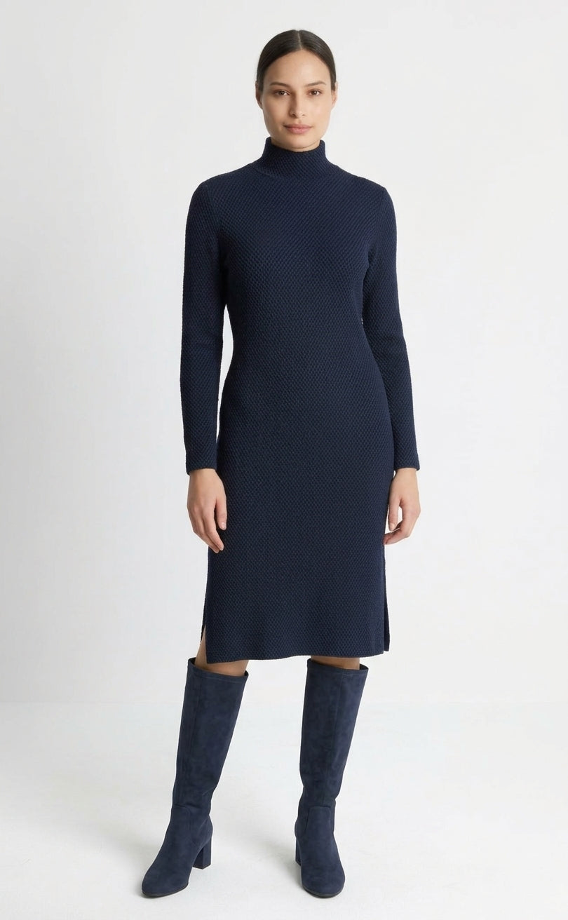 Fox's Kleid PANOLI in Marineblau, schmal und knielang mit Stehkragen – Vorderansicht