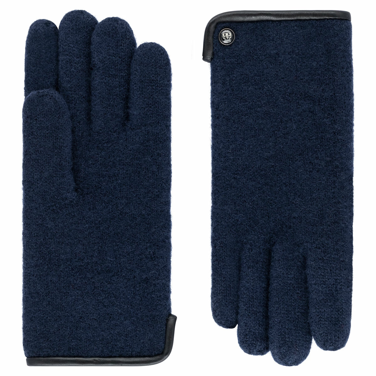 ROECKL Damen Walkhandschuhe Klassisch in Navy aus Schurwolle, Paar mit Lederpaspel und Wappen-Emblem