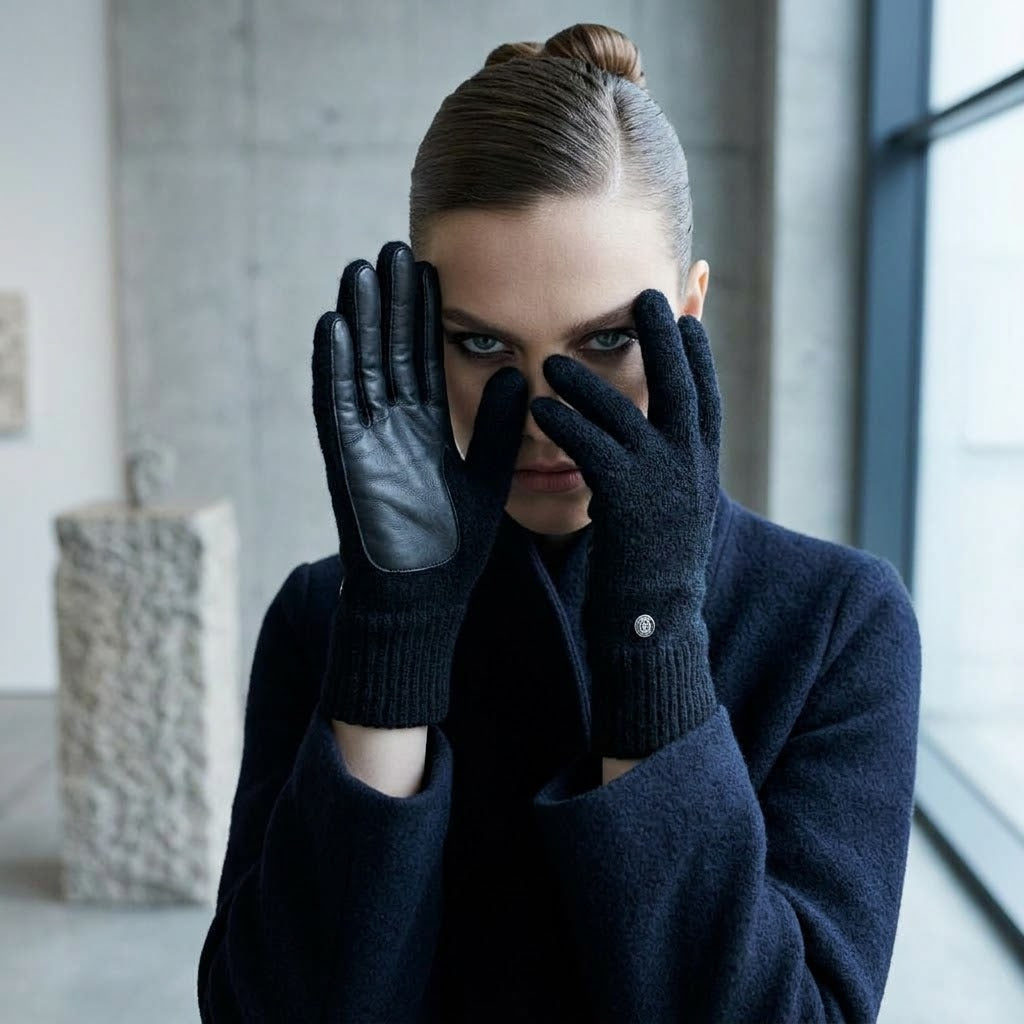ROECKL Damen Walkhandschuhe in schwarz mit Lederinnenhand aus Schafsleder, Paar von Innen- und Außenseite
