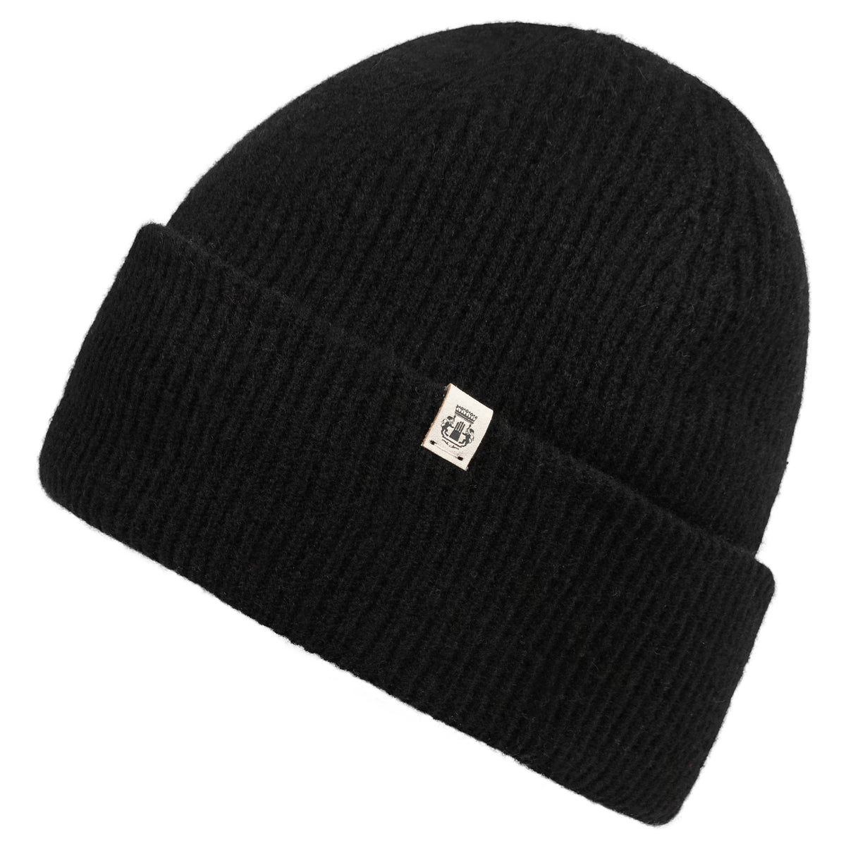Schwarze ROECKL Manhattan Feinstrickmütze aus 100 % RWS-Merinowolle, seitliche Ansicht